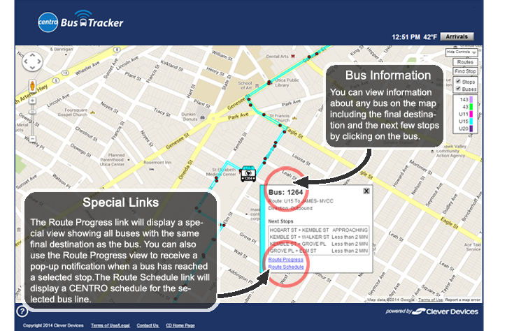 Bus Information - You can view information about any bus on the map including the final destination and the next few stops by clicking on the bus. Special Links - The Route Progress link will display a special view showing all buses with the same final destination as this bus.  You can also use that view to receive a pop-up notification when a bus has reached a selected stop. The Route Schedule link will display the Centro schedule for the selected bus line.