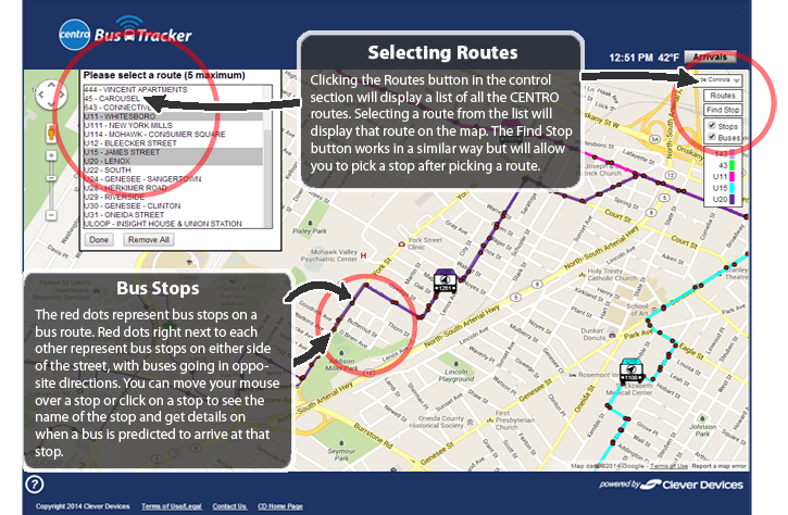 Selecting Routes - Clicking the Routes button in the control section will display a list of all the Centro routes.  Selecting a route from the list will display that route on the map.  The Find Stop button works in a similar way but will allow you to pick a stop after picking a route.